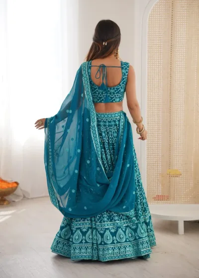 Teal Blue Embroidered Faux Georgette Lehenga With Sequins & Dupatta